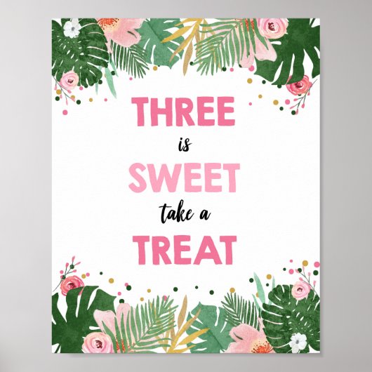 Drie is Sweet Tropical Safari Girl Birthday Sign Poster (Voorkant)