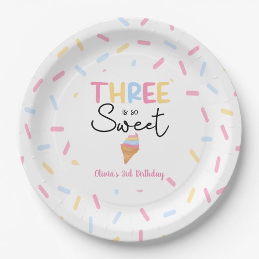 Drie is zo lief ijs 3e verjaardagsfeest papieren bordje (Voorkant)