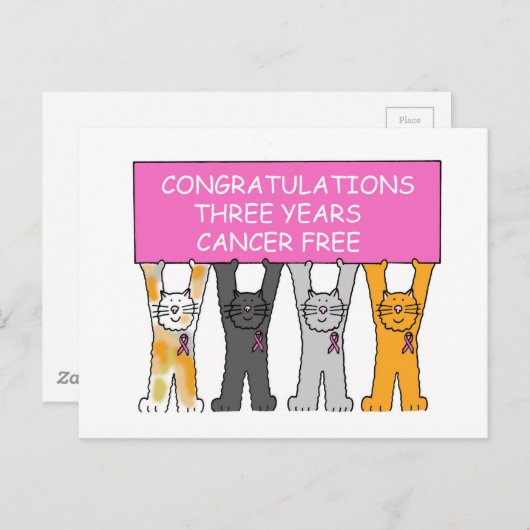 Drie jaar gratis gefeliciteerd met kanker briefkaart (Voorkant / Achterkant)