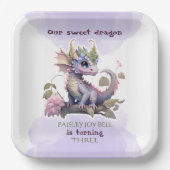 Drie jaar oud meisje draak papieren bordje (Voorkant)