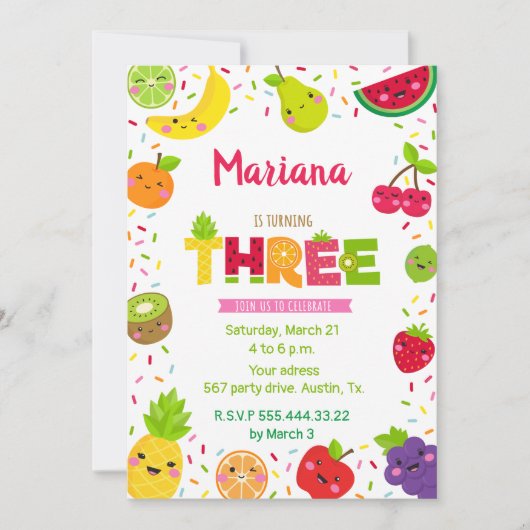 Drie jaar schattig fruit, fruit verjaardag kaart (Voorkant)