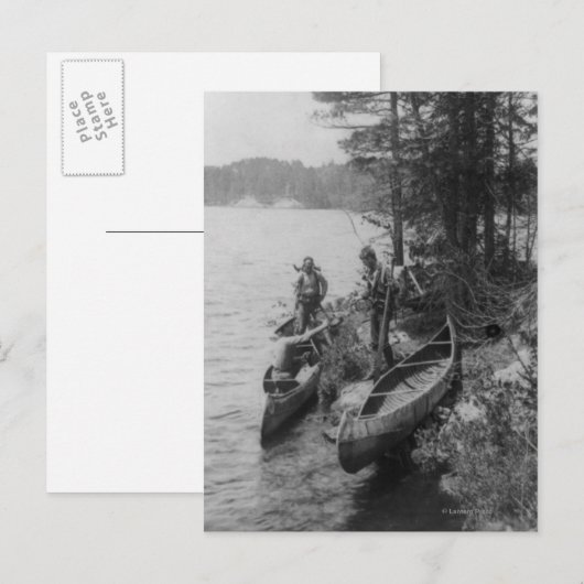 Drie jagers met kano's op de kust briefkaart (Voorkant / Achterkant)