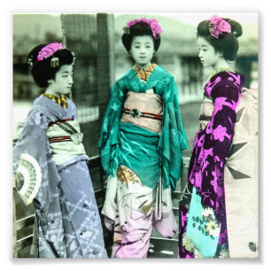 Drie Jonge Geisha in het Oude Japan Foto Afdruk