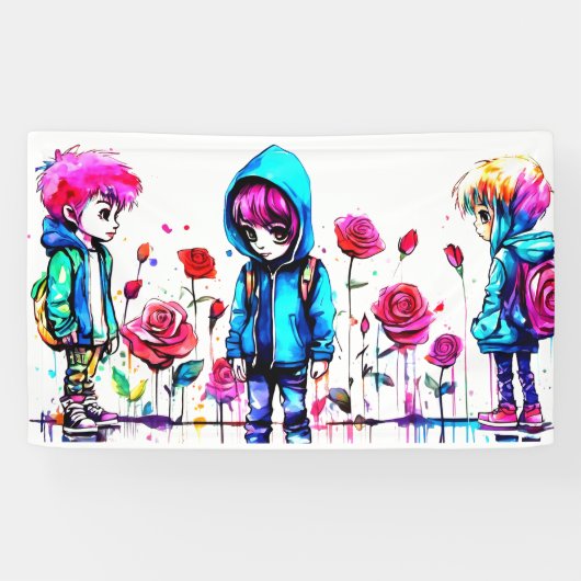 Drie Jongens Kleurrijke Kunst Feesttekens & Banner (Horizontaal)