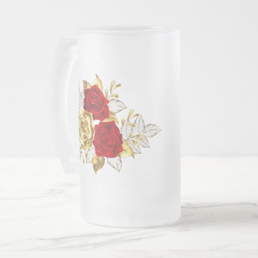 Drie juwelenrozen matglas bierpul (Voorkant links)