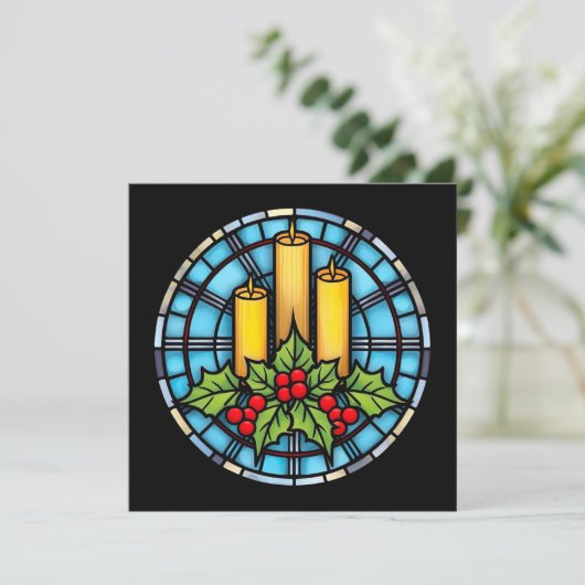 Drie kaarsen met Holly Christmas Glas in lood Kaart (Staand voorkant)