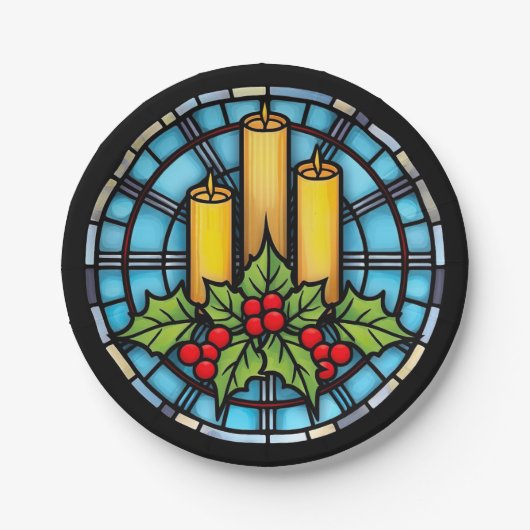 Drie kaarsen met Holly Christmas Glas in lood Papieren Bordje (Voorkant)