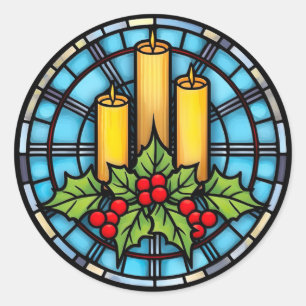 Drie kaarsen met hulst kerst glas in lood  ronde sticker