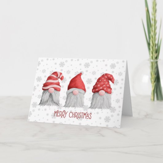 Drie Kabouters Waterverf Baard Hoed Rood Wit Kerst Kaart (Voorkant)