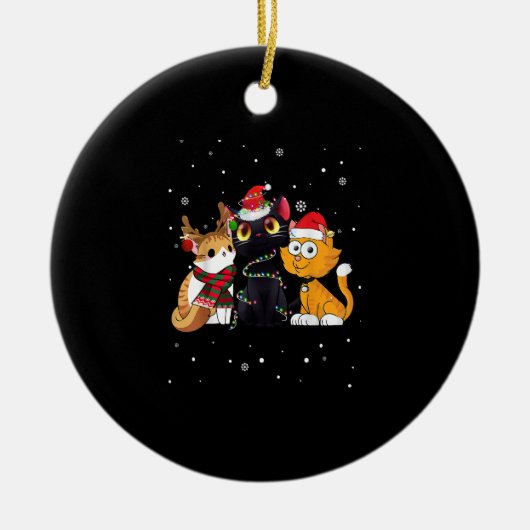 Drie kat kerstkerstmis Kat Santa Hat en Ligh Keramisch Ornament (Voorkant)