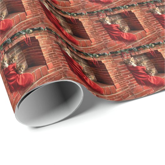 Drie katjes in een Kerstsok Cadeaupapier (Rol Hoek)
