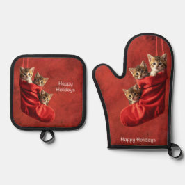 Drie katjes in een Kerstsok Ovenwant & Pannenlap Set