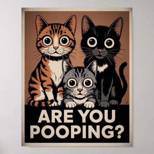 drie katten & een vraag Poep je? Grappige kat Poster (Voorkant)