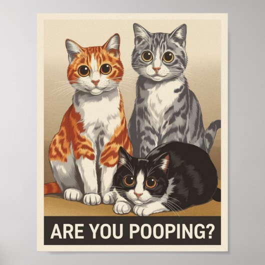 drie katten & een vraag Poep je? Grappige kat Poster (Voorkant)