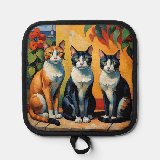 Drie katten en bloemen pannenlap (Voorkant)