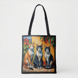 Drie katten en bloemen tote bag