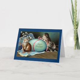 Drie katten en een groot blauw paasei feestdagen kaart