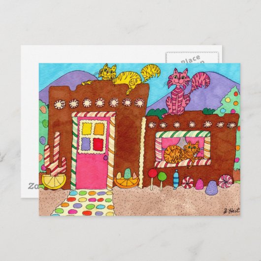 Drie katten in een Adobe Gingerbrood House Briefkaart (Voorkant / Achterkant)