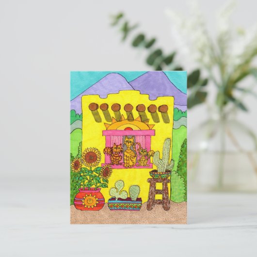 Drie Katten in een Geel Huis van Adobe Briefkaart (Staand voorkant)