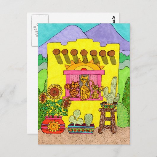 Drie Katten in een Geel Huis van Adobe Briefkaart (Voorkant / Achterkant)