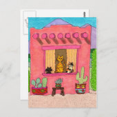 Drie Katten in een Roze Huis van Adobe Briefkaart (Voorkant / Achterkant)