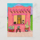 Drie Katten in een Roze Huis van Adobe Briefkaart (Voorkant)
