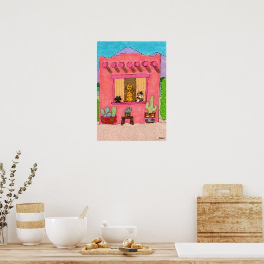 Drie Katten in een Roze Huis van Adobe Poster (Keuken)