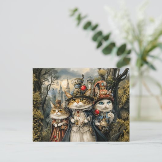 Drie katten in het Steampunk Fantasy Forest Briefkaart (Staand voorkant)