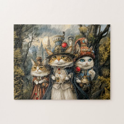 Drie katten in stoomfantasie bos legpuzzel (Horizontaal)
