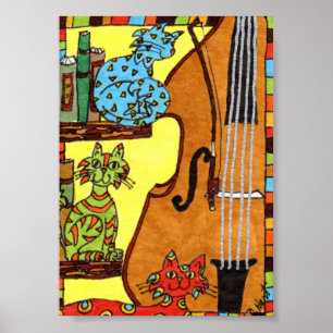 Drie katten met een Bass Fiddle Mini Folk Art Poster