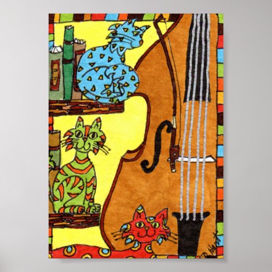 Drie katten met een Bass Fiddle Mini Folk Art Poster (Voorkant)