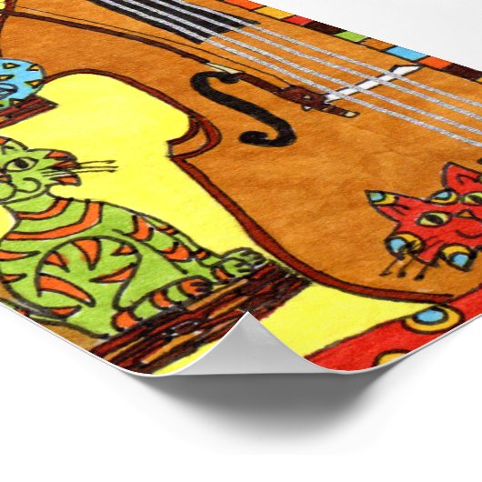Drie katten met een Bass Fiddle Mini Folk Art Poster (Hoek)