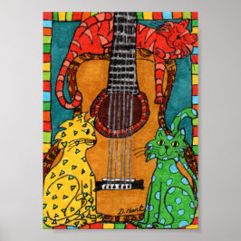Drie katten met een Guitar Mini Folk Art Poster