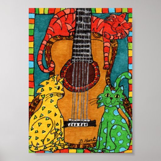 Drie katten met een Guitar Mini Folk Art Poster (Voorkant)
