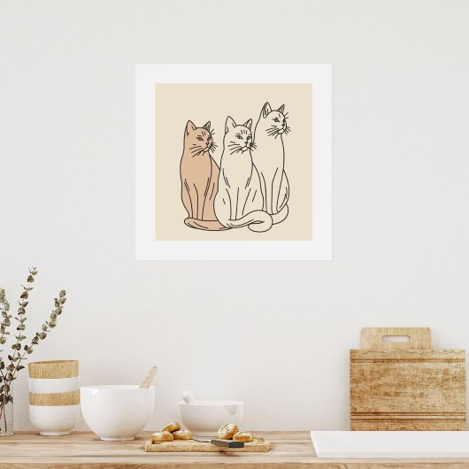 Drie Katten Minimalistische Lijnkunst Poster (Keuken)