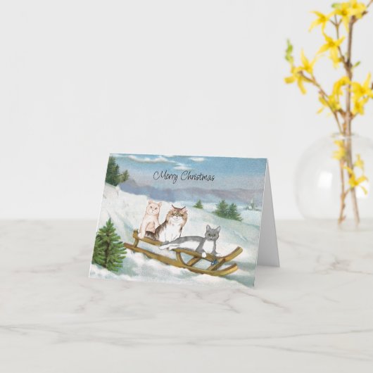 Drie Katten op een Sled Winter Scene met Kerstmis  Kaart (Gele Bloem)