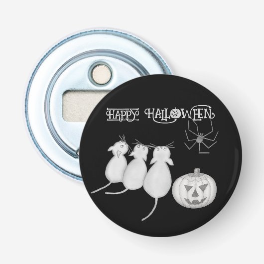 Drie katten, pompoen en spin Halloween Button Flesopener (Voorkant)