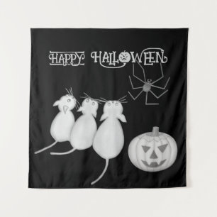 Drie katten, pompoen en spin Halloween Wandkleed