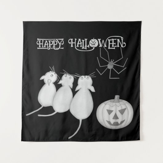 Drie katten, pompoen en spin Halloween Wandkleed (Voorkant)