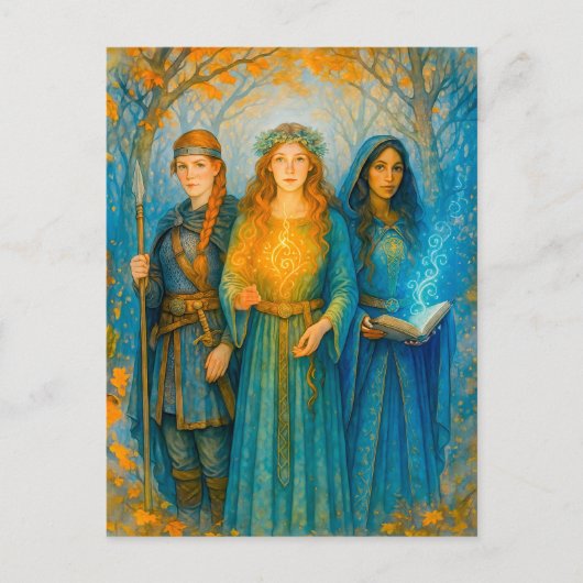 Drie Keltische druïden met gloeiende bol Feestdagenkaart (Voorkant)