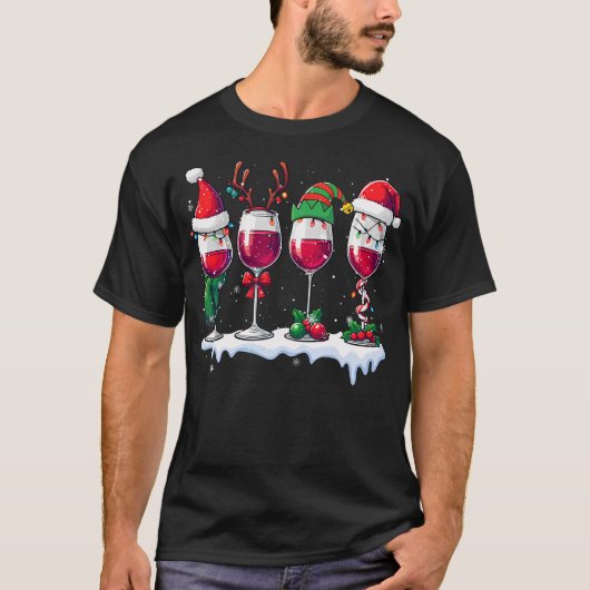 Drie Kerst Elf Rendier Wijn Glazen Kerstmis Dr T-shirt (Voorkant)