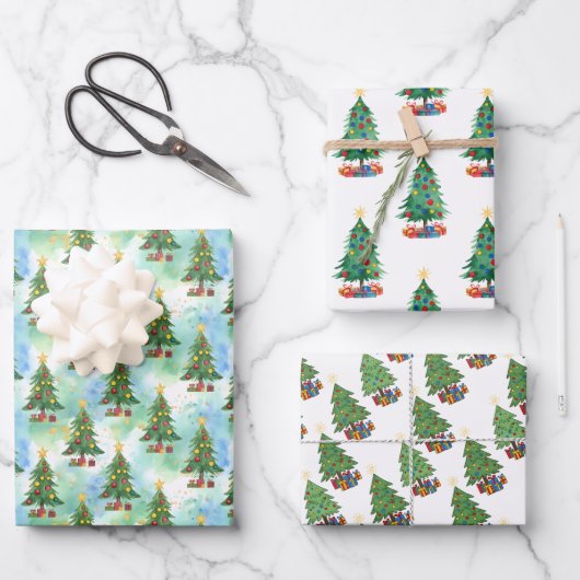 Drie kerstbomen en cadeau patronen inpakpapier vel (Voorkant)