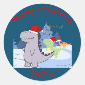 drie kerstcadeautjes voor dinosaurussen , op maat  ronde sticker (Voorkant)