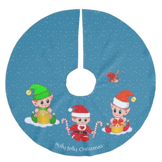 Drie Kerstelfen op saffierblauw Kerstboom Rok (Voorkant)