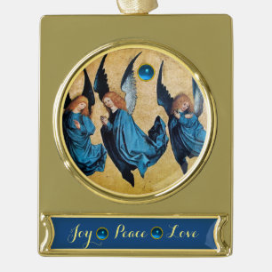 DRIE KERSTENGELEN IN BLAUW /Vreugde Vrede Liefde Verguld Banner Ornament