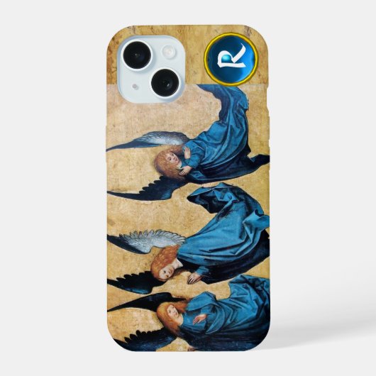 DRIE KERSTENGELEN IN BLAUWE PERKAMENTEN MONOGRAM iPhone 15 CASE (Achterkant)