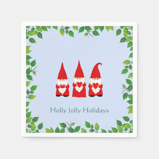 Drie kerstgnomen en Lijst leve op lichtblauw Servet (Voorkant)