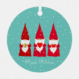 Drie kerstgnomen op Blauwgroen Metalen Ornament