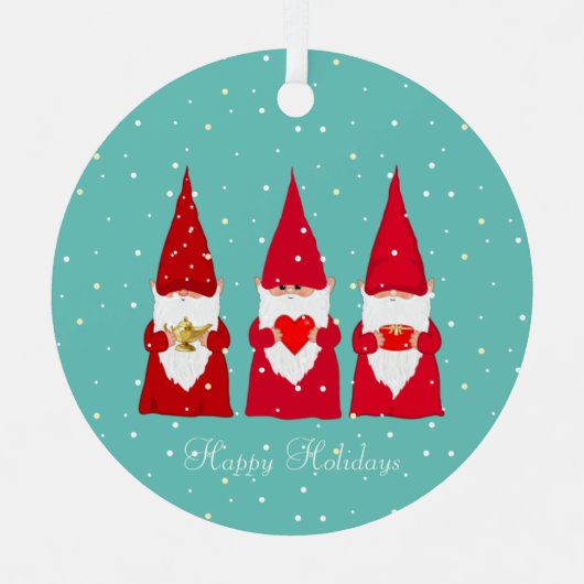 Drie kerstgnomen op Blauwgroen Metalen Ornament (Voorkant)
