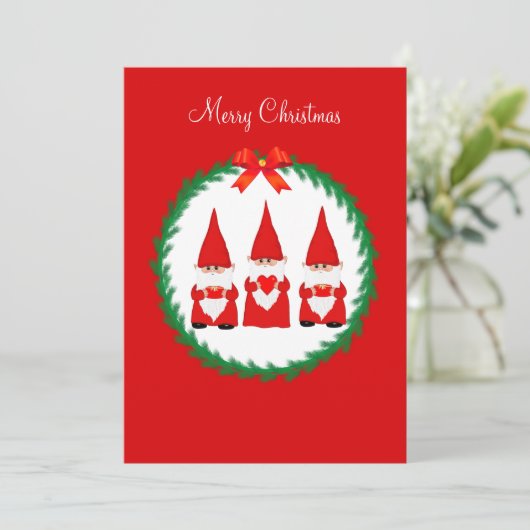 Drie kerstgnomen op rood (Staand voorkant)